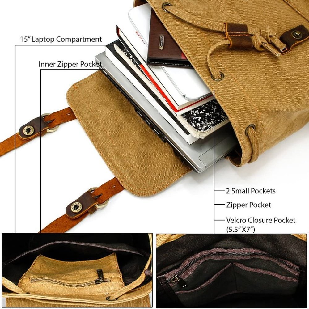 New GEARONIC TM 21L Vintage Canvas Backpack for Men Leather Rucksack Knapsack - Picture 3 of 4